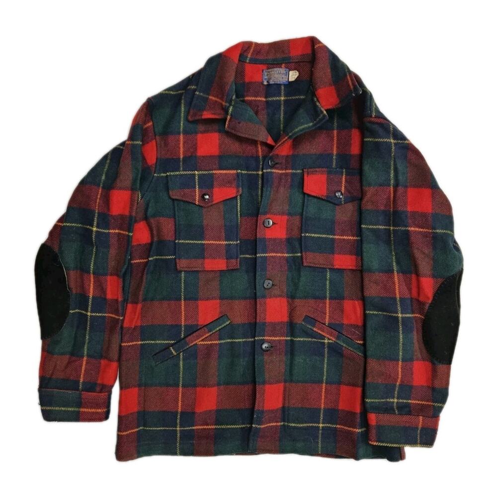 Pendleton Wool Jacket Men's M Red Green Plaid Elbow Patches Wool USA vintage CPO